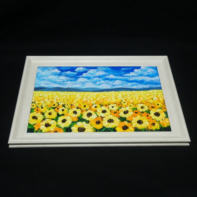 油絵 原画『太陽の贈り物』 ひまわり畑と青空の風景画 【夏の