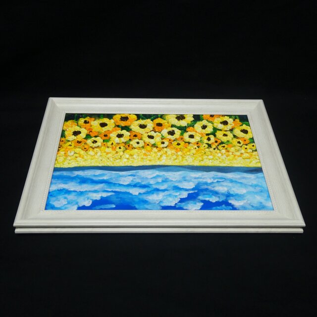 油絵 原画『太陽の贈り物』 ひまわり畑と青空の風景画 【夏の
