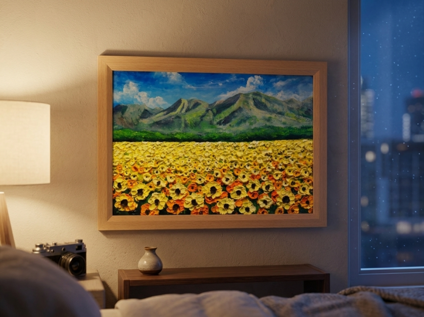 油絵 絵画【陽だまりの特等席】ひまわり畑 山 青空 夏 風景画
