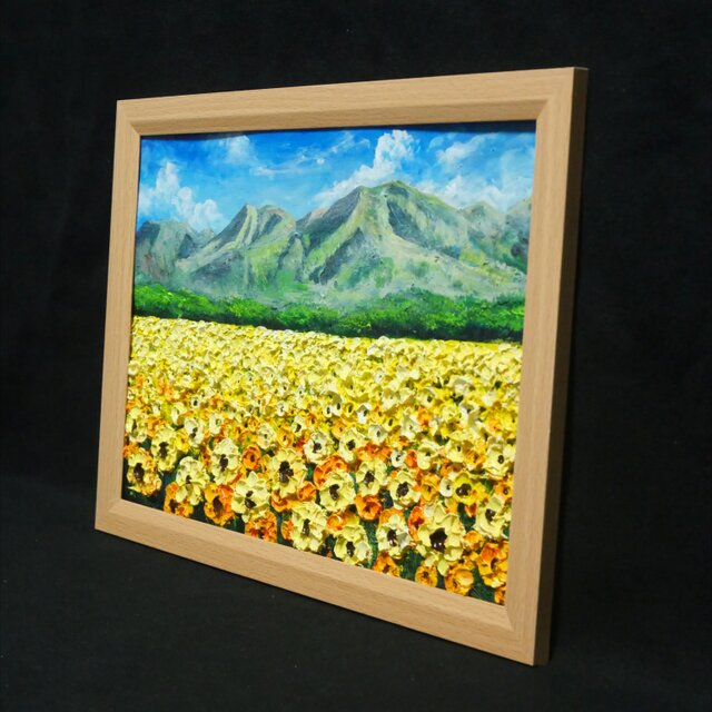 油絵 絵画【陽だまりの特等席】ひまわり畑 山 青空 夏 風景画