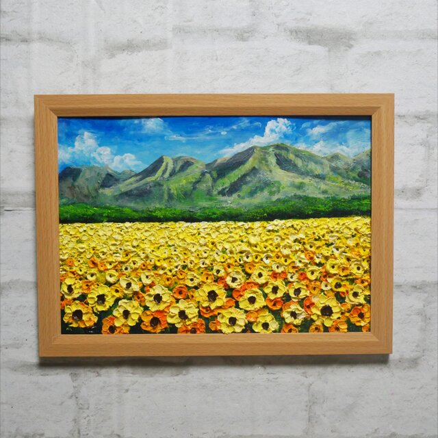 油絵 絵画【陽だまりの特等席】ひまわり畑 山 青空 夏 風景画