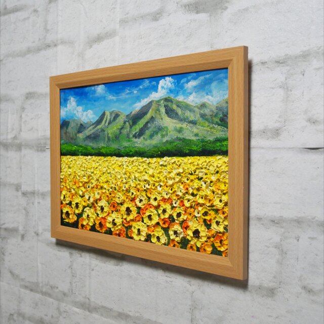 油絵 絵画【陽だまりの特等席】ひまわり畑 山 青空 夏 風景画