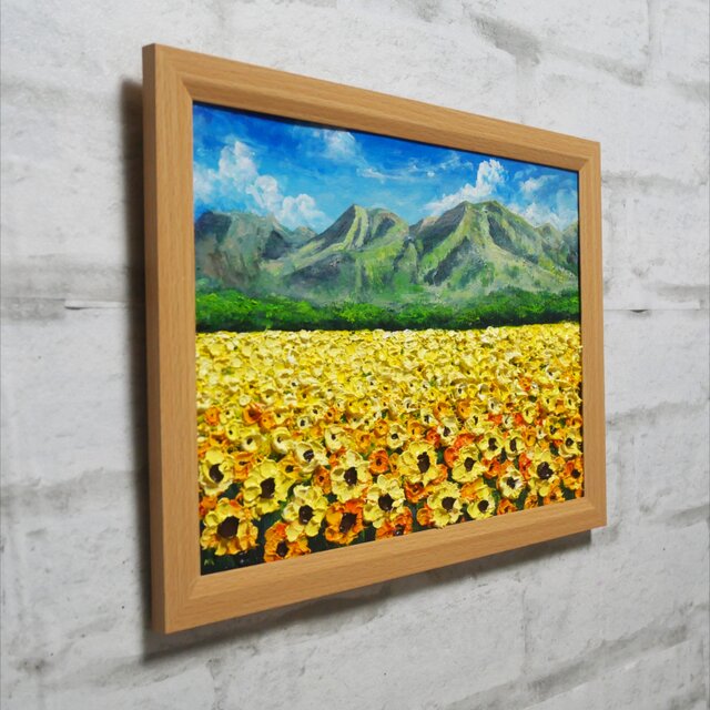 油絵 絵画【陽だまりの特等席】ひまわり畑 山 青空 夏 風景画