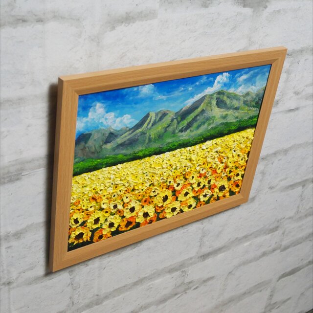 油絵 絵画【陽だまりの特等席】ひまわり畑 山 青空 夏 風景画