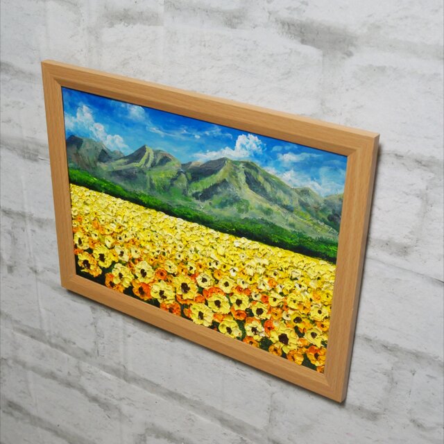 油絵 絵画【陽だまりの特等席】ひまわり畑 山 青空 夏 風景画