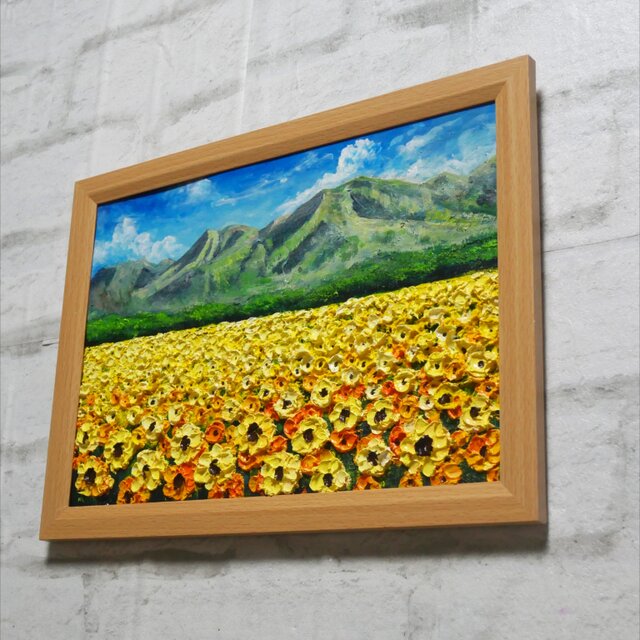 油絵 絵画【陽だまりの特等席】ひまわり畑 山 青空 夏 風景画