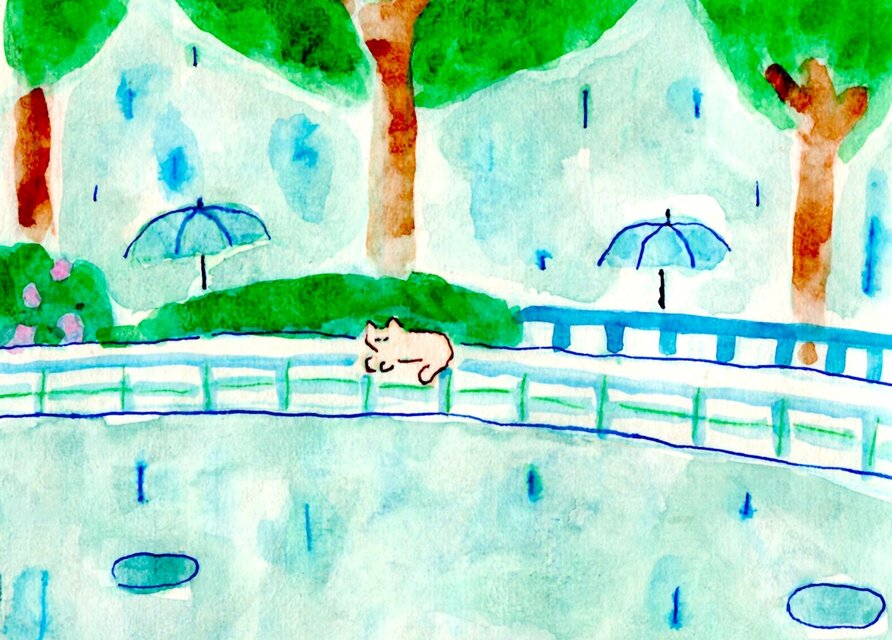 原画・イラスト】「雨宿り」 ※木製額縁入り（2Lサイズ）猫の絵・水彩