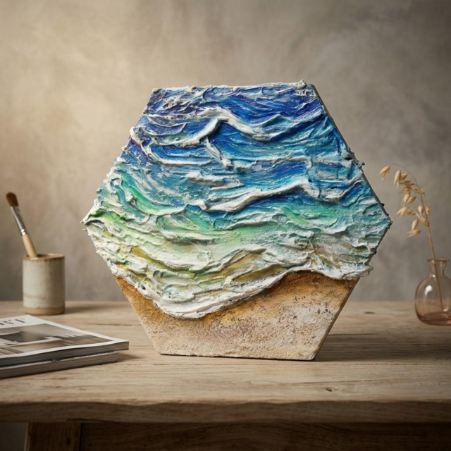 油絵【永遠の渚】夏の砂浜の海 六角形アート インテリア絵画 原画