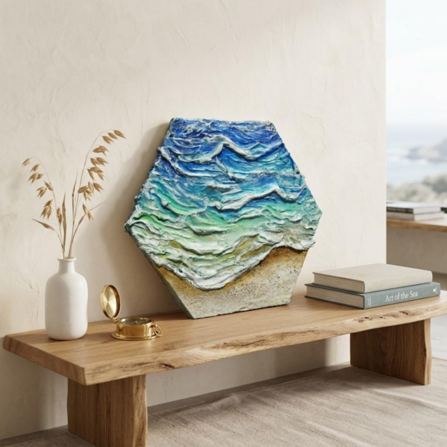 油絵【永遠の渚】夏の砂浜の海 六角形アート インテリア絵画 原画