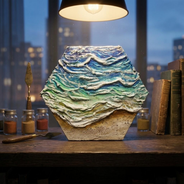 油絵【永遠の渚】夏の砂浜の海 六角形アート インテリア絵画 原画