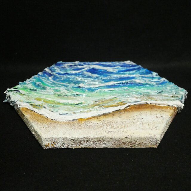 油絵【永遠の渚】夏の砂浜の海 六角形アート インテリア絵画 原画