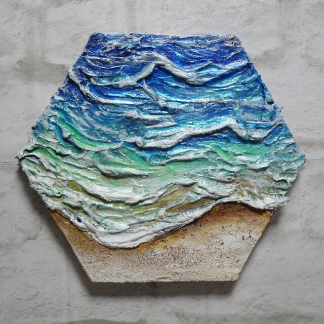油絵【永遠の渚】夏の砂浜の海 六角形アート インテリア絵画 原画