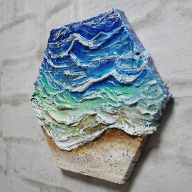 油絵【永遠の渚】夏の砂浜の海 六角形アート インテリア絵画 原画