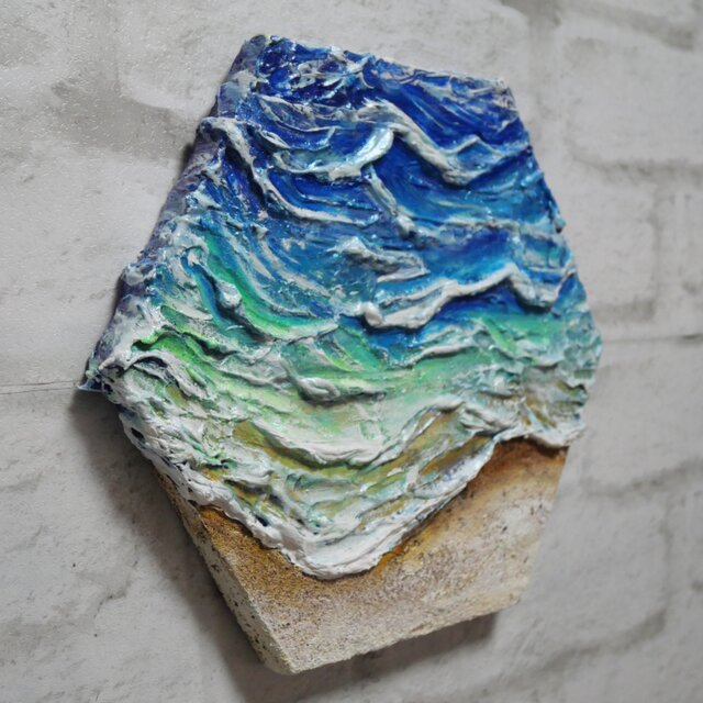 油絵【永遠の渚】夏の砂浜の海 六角形アート インテリア絵画 原画