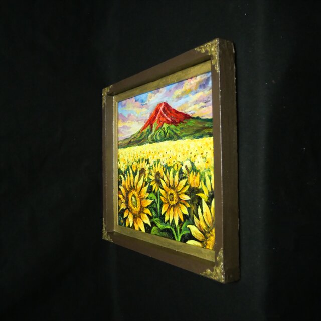 油絵・原画【夕映えに燃ゆ】ひまわりと赤富士の風景画（一点物／夏の