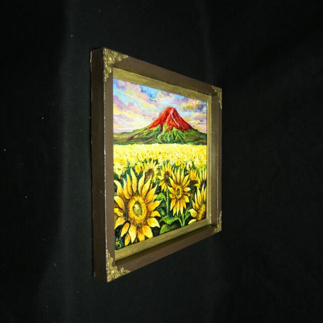油絵・原画【夕映えに燃ゆ】ひまわりと赤富士の風景画（一点物／夏の
