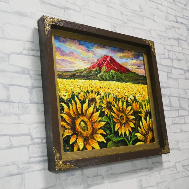 油絵・原画【夕映えに燃ゆ】ひまわりと赤富士の風景画（一点物／夏の