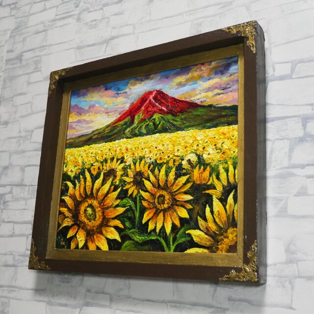 絵画。荒野と海と花。原画。油彩。 油絵・原画【夕映えに燃ゆ】ひまわりと赤富士の風景画（一点物／夏の