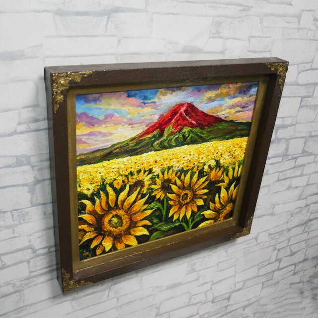 油絵・原画【夕映えに燃ゆ】ひまわりと赤富士の風景画（一点物／夏の
