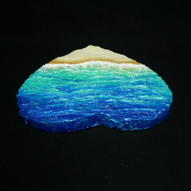 油彩画「心に寄せる、碧の記憶」ハートキャンバスに描く夏の海と波の