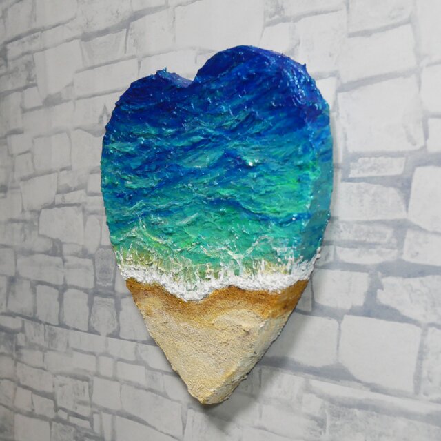 油彩画「心に寄せる、碧の記憶」ハートキャンバスに描く夏の海と波の
