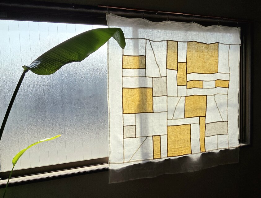 ⑤ ポジャギ　ハンドメイド　綿麻　リネン　白　ホワイト　75×63 ポジャギ リネン 白 黄 生なり 正方形 | iichi 日々の暮らしを心地よく
