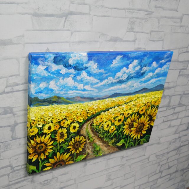 ひまわり油絵【明日へ続くひまわり小道】夏の向日葵 鮮やかな風景画