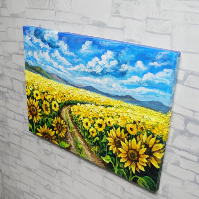 ひまわり油絵【明日へ続くひまわり小道】夏の向日葵 鮮やかな風景画