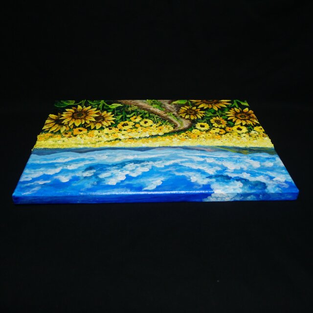 油絵 風景画 ✡️ ひまわり P30【額縁込み】【8月】 ひまわり油絵【明日へ続くひまわり小道】夏の向日葵 鮮やかな風景画