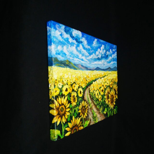 ひまわり油絵【明日へ続くひまわり小道】夏の向日葵 鮮やかな風景画