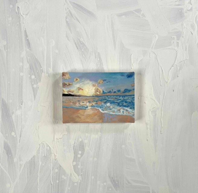 原画 油彩「朝の海 20266」絵画・サムホール（16×23㎝）アート