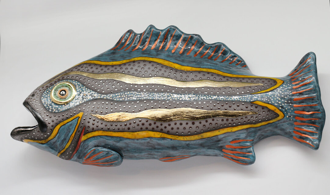 ハンドメイド 陶器の魚の壁掛け彫刻 ブルーフィッシュ（受注生産