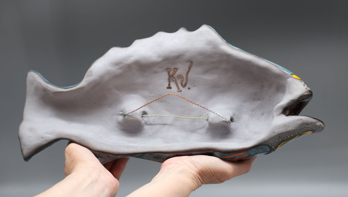 ハンドメイド 陶器の魚の壁掛け彫刻 ブルーフィッシュ（受注生産