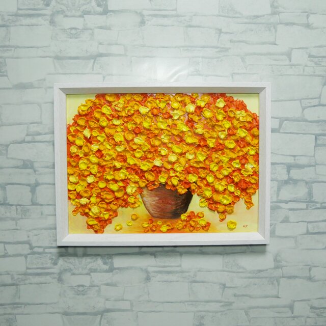 油彩画 原画】空間を彩るミモザの輝き（木製額装入り・一点物