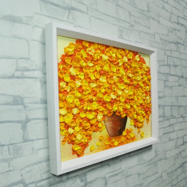 油彩画 原画】空間を彩るミモザの輝き（木製額装入り・一点物