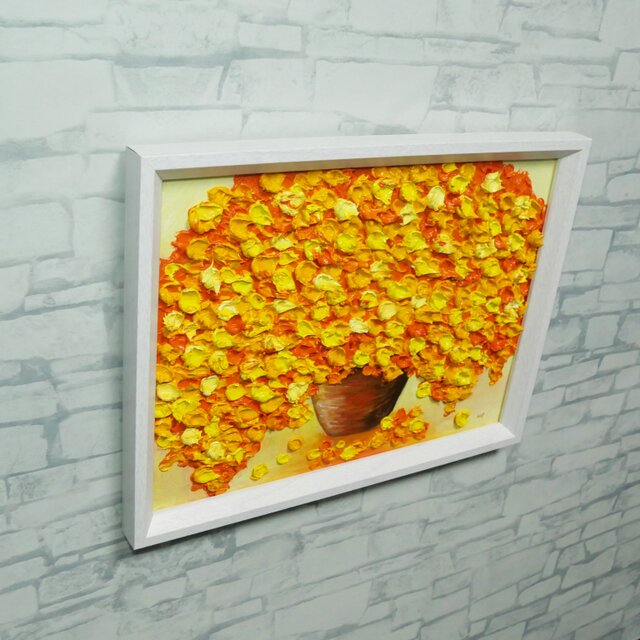 油彩画 原画】空間を彩るミモザの輝き（木製額装入り・一点物