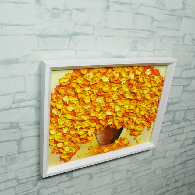 油彩画 原画】空間を彩るミモザの輝き（木製額装入り・一点物