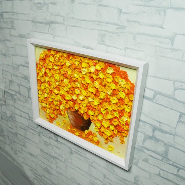 油彩画 原画】空間を彩るミモザの輝き（木製額装入り・一点物