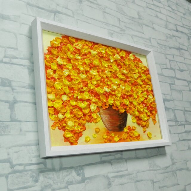 油彩画 原画】空間を彩るミモザの輝き（木製額装入り・一点物