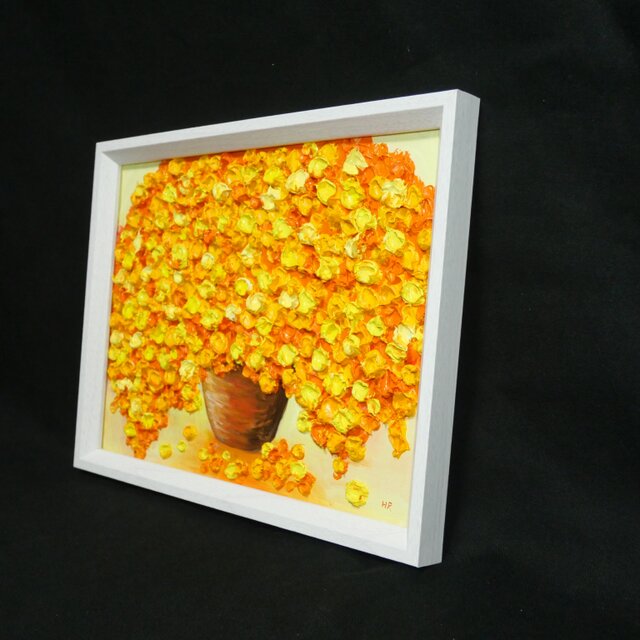 油彩画 原画】空間を彩るミモザの輝き（木製額装入り・一点物