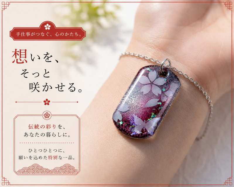 絵柄がつながるペアアクセサリー『府』和柄 桜 ネックレス