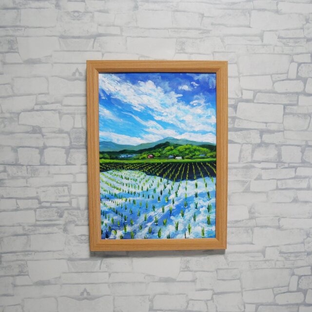 油彩画 原画】初夏の水鏡 〜きらめく青空と水田〜 A4絵画 田舎の風景