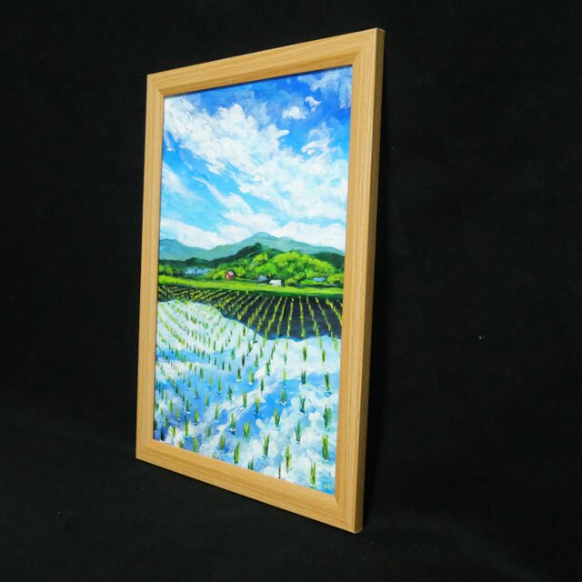油彩画 原画】初夏の水鏡 〜きらめく青空と水田〜 A4絵画 田舎の風景
