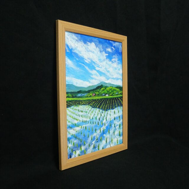 油彩画 原画】初夏の水鏡 〜きらめく青空と水田〜 A4絵画 田舎の風景