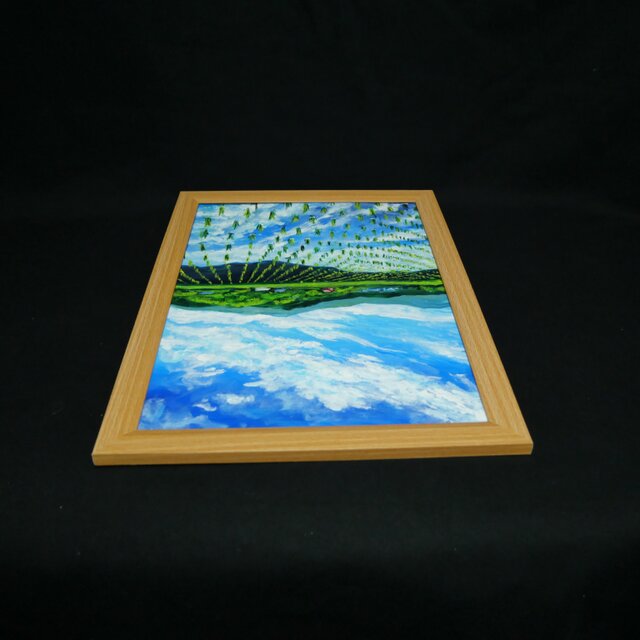 油彩画 原画】初夏の水鏡 〜きらめく青空と水田〜 A4絵画 田舎の風景