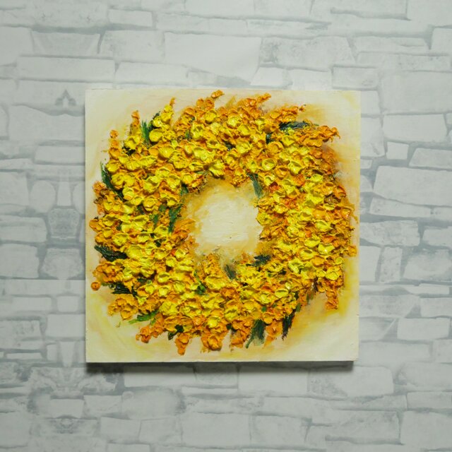 油絵 原画【黄金の記憶、光の輪】ミモザ リース 絵画 花 インテリアアート 油絵 原画「黄金の記憶、光の輪」ミモザ リース 絵画 花 インテリア