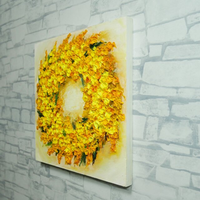 油絵 絵画 【ミモザリース】 油絵 原画「黄金の記憶、光の輪」ミモザ リース 絵画 花 インテリア