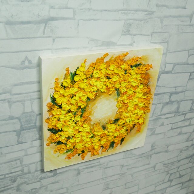 油絵 原画「黄金の記憶、光の輪」ミモザ リース 絵画 花 インテリア