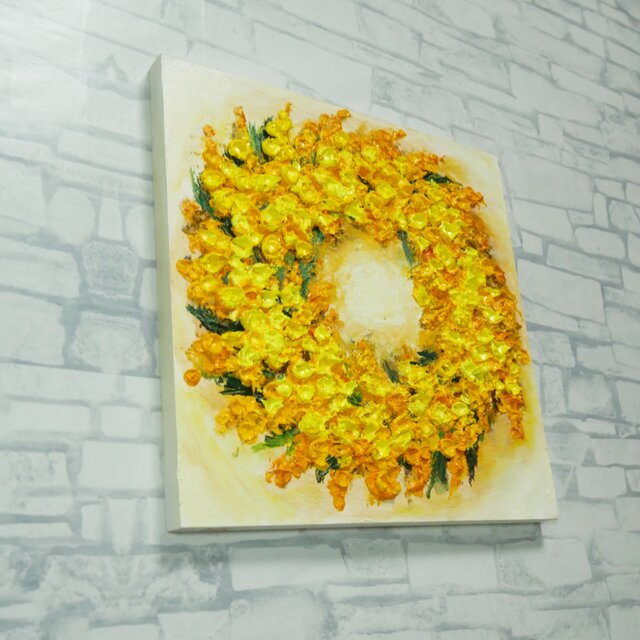 油絵 原画「黄金の記憶、光の輪」ミモザ リース 絵画 花 インテリア