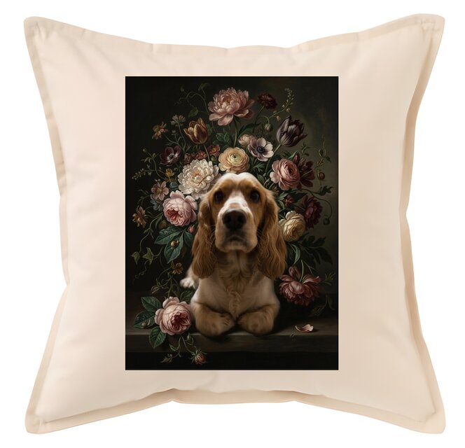 【セール中】C .Koziel イングリッシュコッカースパニエル　クッション 犬（コッカースパニエル）クッション 45cm 花の油絵風カラーアート